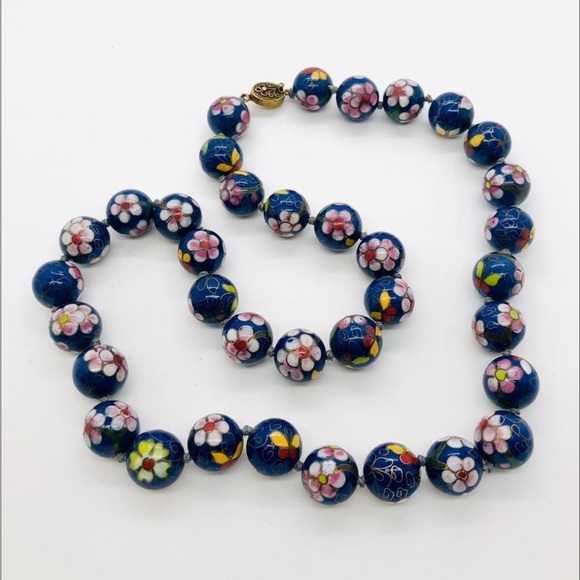 Antique Vintage Blue Cloisonné flower Enamel Jumbo Bead Necklace - Picture 4 of 17